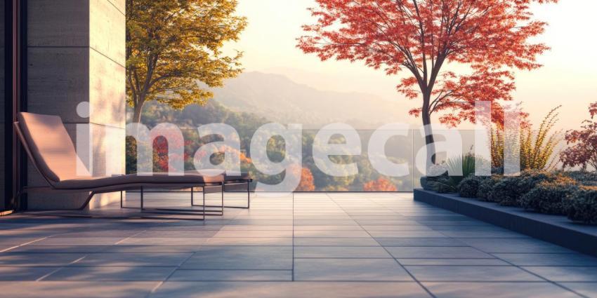 Autumnal Tranquility: A cozy lounge chair beckons on a sun-drenched patio, overlooking a breathtaking vista of autumn foliage