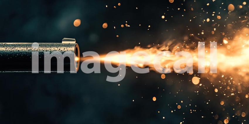 Muzzle Flash: A burst of fiery energy erupts from the barrel of a firearm, leaving a trail of sparks and smoke in its wake