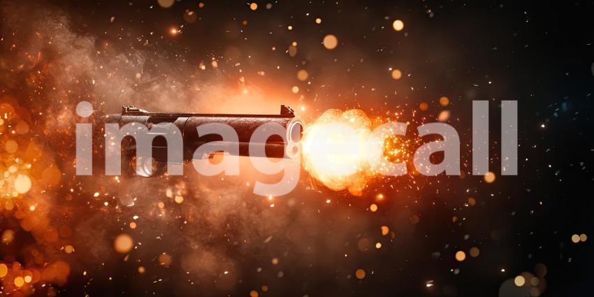 Muzzle Flash: A burst of fiery energy erupts from the barrel of a firearm, leaving a trail of sparks and smoke in its wake
