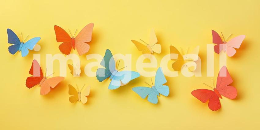 A Flutter of Colors: A vibrant collection of paper butterflies, each one a burst of color, takes flight across a sunny yellow canvas