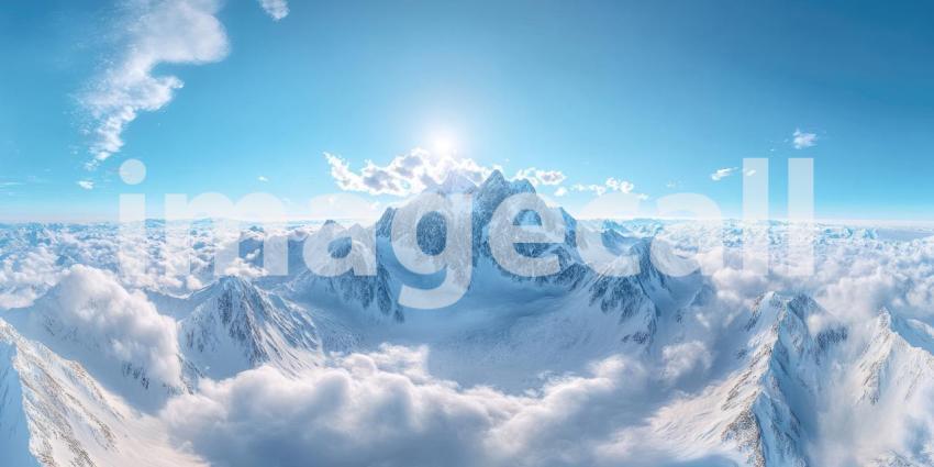 A Peak Above the Clouds: A majestic snow-capped mountain pierces through a sea of clouds, reaching for the sun in a breathtaking display of natural grandeur