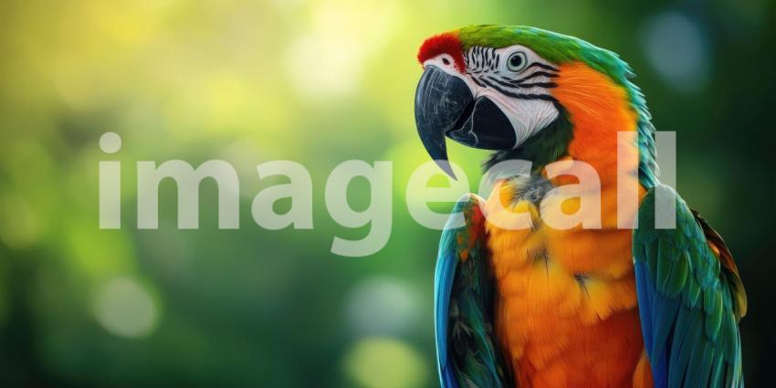 A Vibrant Vision: A scarlet macaw, a dazzling display of color, perches amidst a backdrop of lush green foliage, its vibrant plumage capturing the sunlight