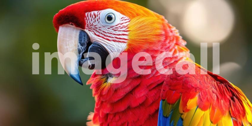 A Vibrant Vision: A scarlet macaw, a dazzling display of color, perches amidst a backdrop of lush green foliage, its vibrant plumage capturing the sunlight