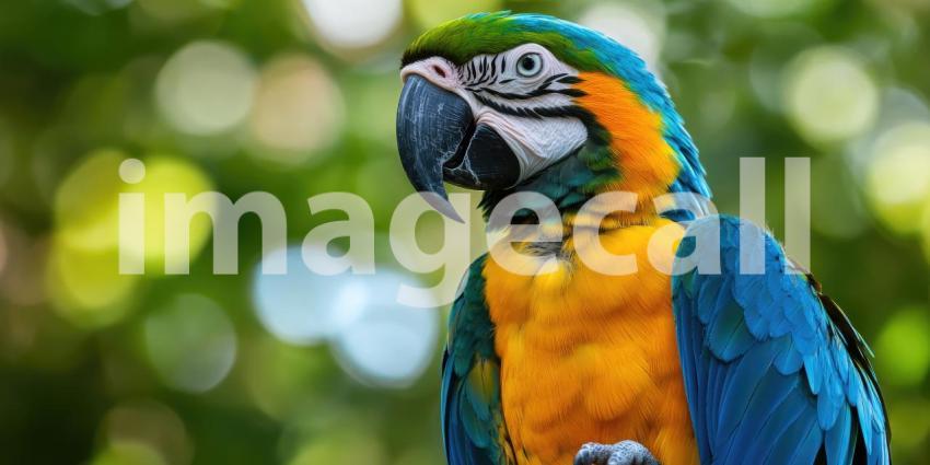 A Vibrant Vision: A scarlet macaw, a dazzling display of color, perches amidst a backdrop of lush green foliage, its vibrant plumage capturing the sunlight