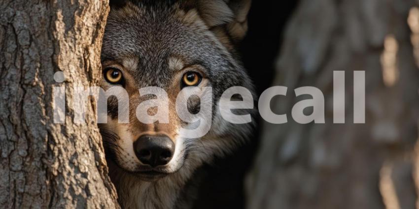 Eyes in the Dark: A lone wolf peers through a weathered wooden door, its piercing gaze and intense stare promising a story of wildness and intrigue
