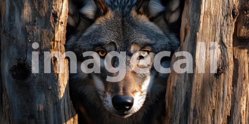 Eyes in the Dark: A lone wolf peers through a weathered wooden door, its piercing gaze and intense stare promising a story of wildness and intrigue