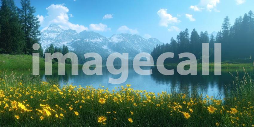 Mountain Serenity: A tranquil lake nestled amidst a vibrant meadow, where wildflowers bloom and snow-capped peaks pierce the azure sky