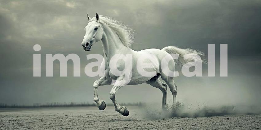 Spirit of Freedom: A majestic white stallion gallops across a golden field, mane and tail flowing in the wind, a symbol of untamed power