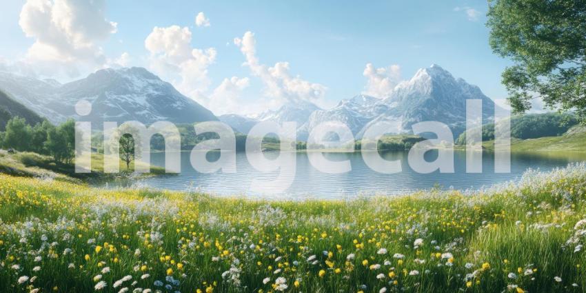 Mountain Serenity: A tranquil lake nestled amidst a vibrant meadow, where wildflowers bloom and snow-capped peaks pierce the azure sky