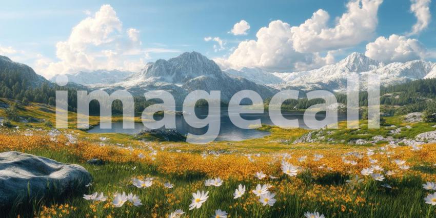 Mountain Serenity: A tranquil lake nestled amidst a vibrant meadow, where wildflowers bloom and snow-capped peaks pierce the azure sky