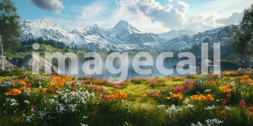 Mountain Serenity: A tranquil lake nestled amidst a vibrant meadow, where wildflowers bloom and snow-capped peaks pierce the azure sky