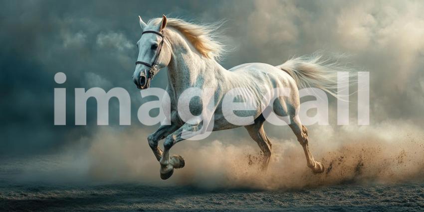 Spirit of Freedom: A majestic white stallion gallops across a golden field, mane and tail flowing in the wind, a symbol of untamed power