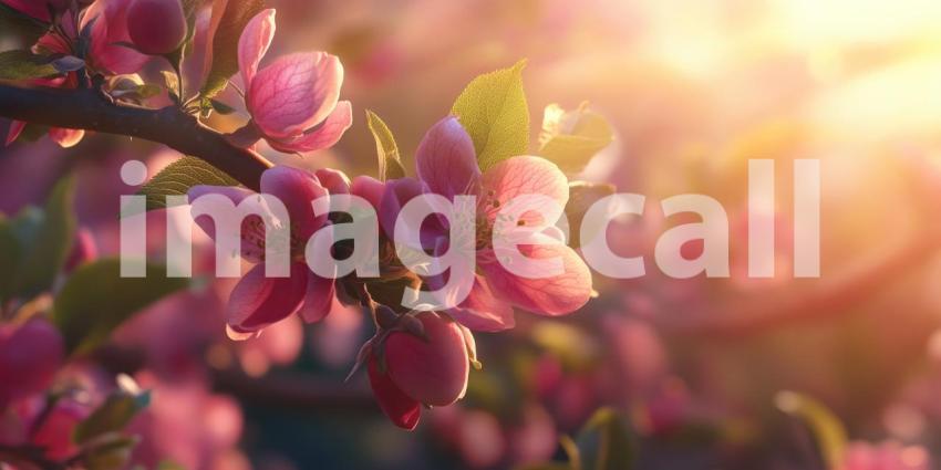 Awakening of Spring: Delicate pink blossoms unfurl on a branch, bathed in the warm glow of the rising sun, ushering in the season of renewal