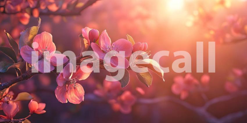 Awakening of Spring: Delicate pink blossoms unfurl on a branch, bathed in the warm glow of the rising sun, ushering in the season of renewal