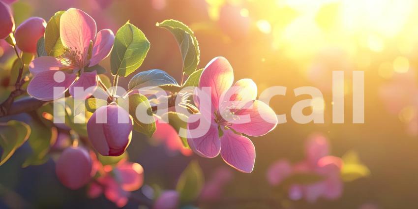 Awakening of Spring: Delicate pink blossoms unfurl on a branch, bathed in the warm glow of the rising sun, ushering in the season of renewal