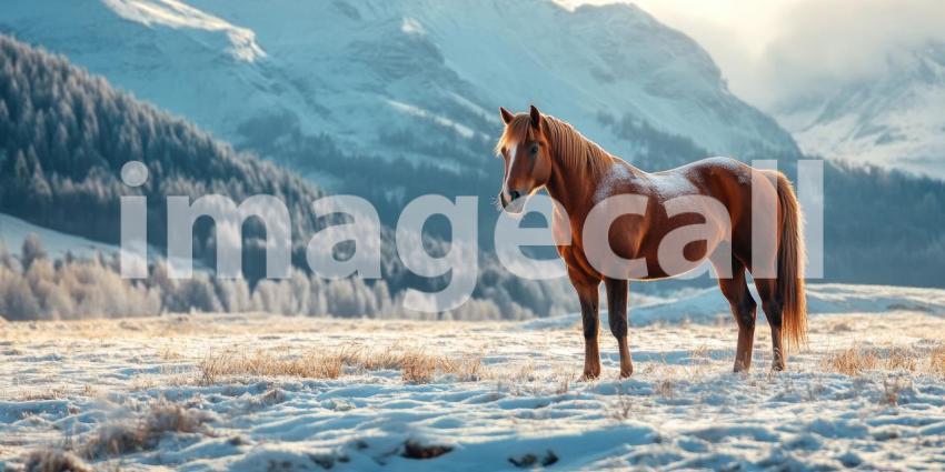 Winter's Majesty: A majestic chestnut horse stands tall in a snowy landscape, its coat dusted with frost, a symbol of resilience and beauty in the face of winter