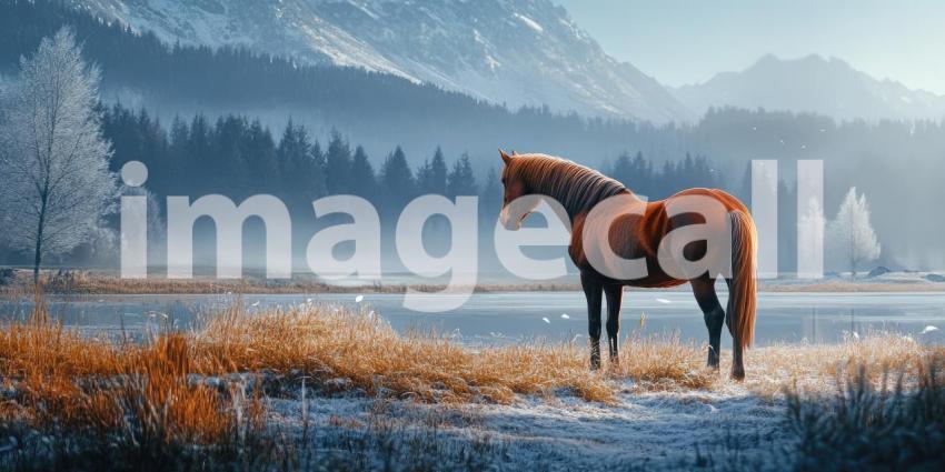 Winter's Majesty: A majestic chestnut horse stands tall in a snowy landscape, its coat dusted with frost, a symbol of resilience and beauty in the face of winter