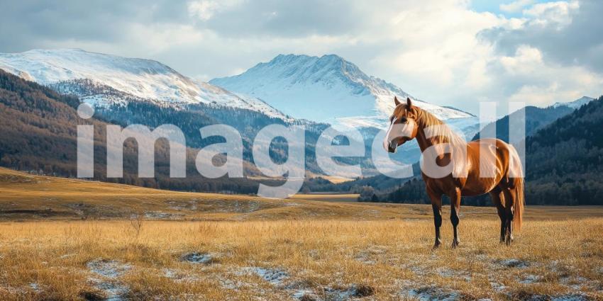 Winter's Majesty: A majestic chestnut horse stands tall in a snowy landscape, its coat dusted with frost, a symbol of resilience and beauty in the face of winter