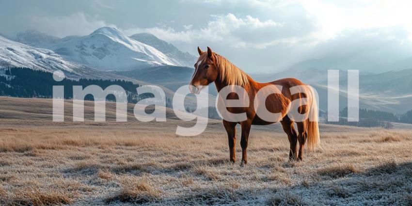 Winter's Majesty: A majestic chestnut horse stands tall in a snowy landscape, its coat dusted with frost, a symbol of resilience and beauty in the face of winter