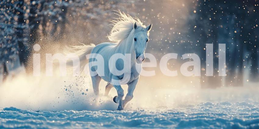 Winter's Majesty: A majestic white horse gallops through a snow-covered landscape, its mane and tail flowing in the wind, a vision of grace and power