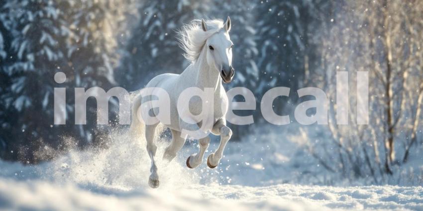 Winter's Majesty: A majestic white horse gallops through a snow-covered landscape, its mane and tail flowing in the wind, a vision of grace and power