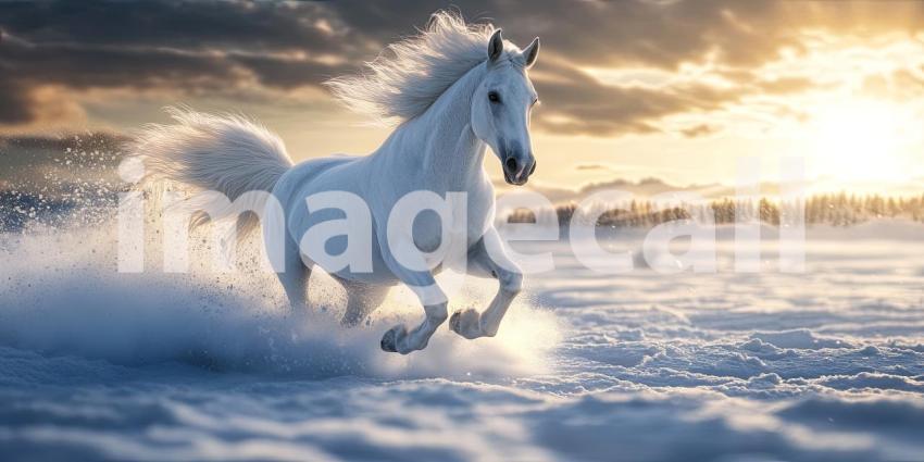 Winter's Majesty: A majestic white horse gallops through a snow-covered landscape, its mane and tail flowing in the wind, a vision of grace and power