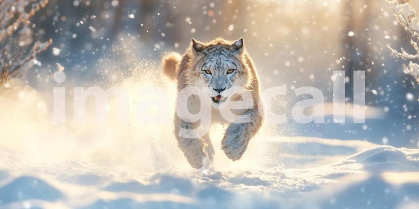 Winter's Majesty: A majestic white horse gallops through a snow-covered landscape, its mane and tail flowing in the wind, a vision of grace and power