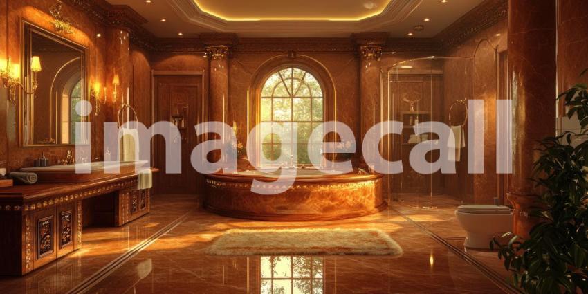 Sunset Sanctuary: A serene bathroom bathed in warm hues, with a freestanding tub overlooking a breathtaking sunset, inviting moments of tranquility and reflection