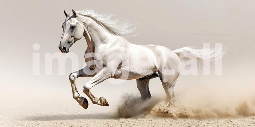 Spirit of Freedom: A majestic white stallion gallops across a golden field, mane and tail flowing in the wind, a symbol of untamed power