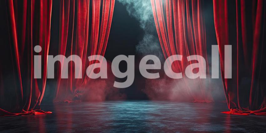 Curtain Call: A pair of crimson velvet curtains frame a stage shrouded in smoke, inviting the audience to step into the unknown and experience the magic of the theater