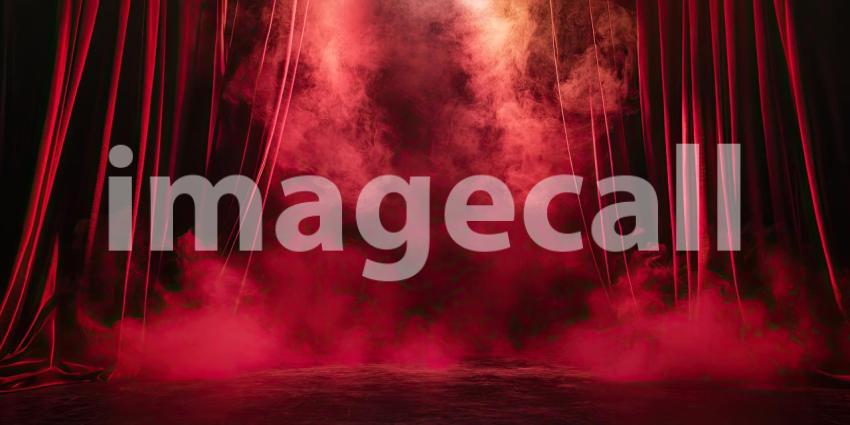 Curtain Call: A pair of crimson velvet curtains frame a stage shrouded in smoke, inviting the audience to step into the unknown and experience the magic of the theater