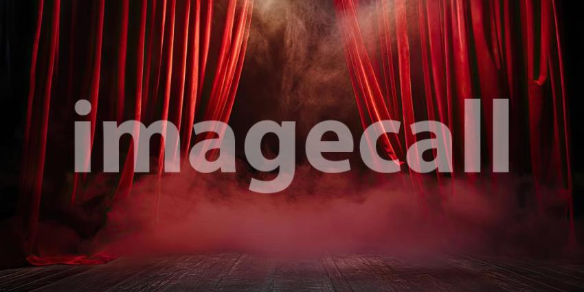 Curtain Call: A pair of crimson velvet curtains frame a stage shrouded in smoke, inviting the audience to step into the unknown and experience the magic of the theater