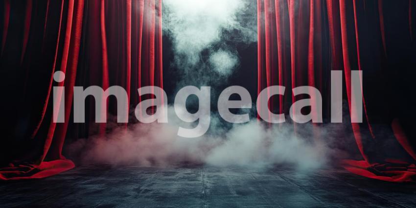 Curtain Call: A pair of crimson velvet curtains frame a stage shrouded in smoke, inviting the audience to step into the unknown and experience the magic of the theater