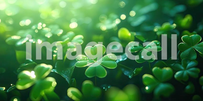 Emerald Tapestry: A Lush Field of Clover Leaves Glistening with Dewdrops