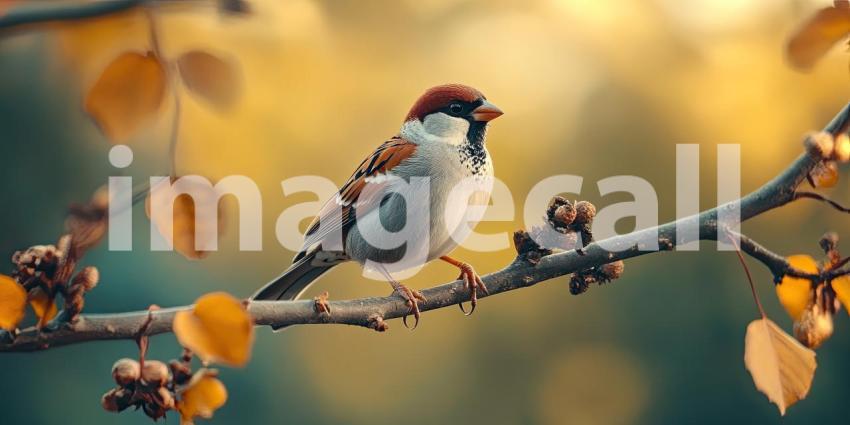 Tiny Songbird on a Branch: A House Sparrow Perched Amidst Spring's Awakening
