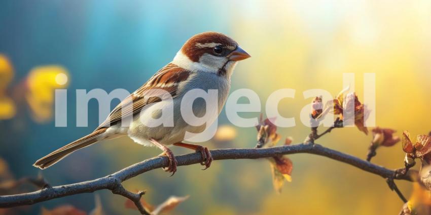 Tiny Songbird on a Branch: A House Sparrow Perched Amidst Spring's Awakening