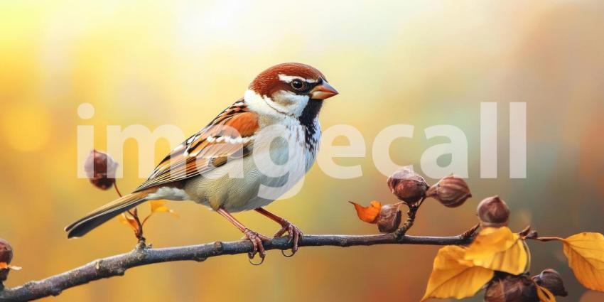 Tiny Songbird on a Branch: A House Sparrow Perched Amidst Spring's Awakening