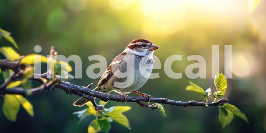 Tiny Songbird on a Branch: A House Sparrow Perched Amidst Spring's Awakening