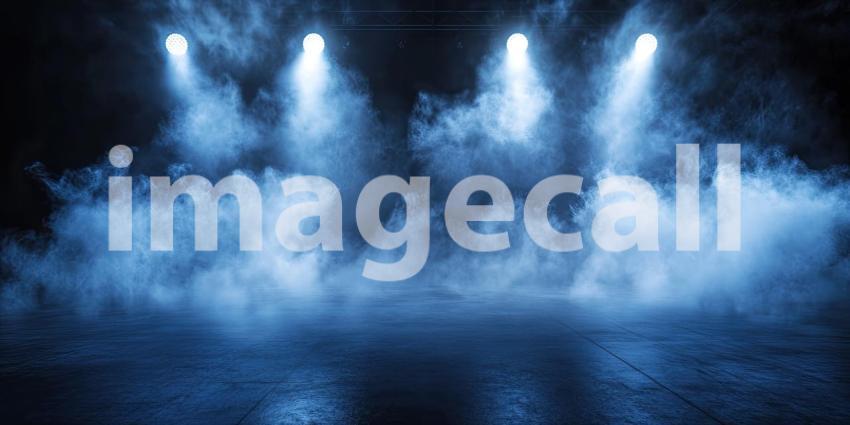 Stage Spotlight: A Mystical Scene of Blue Smoke Illuminated by a Cluster of Bright Stage Lights