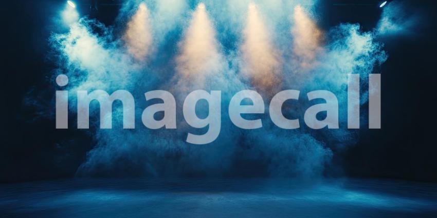 Stage Spotlight: A Mystical Scene of Blue Smoke Illuminated by a Cluster of Bright Stage Lights