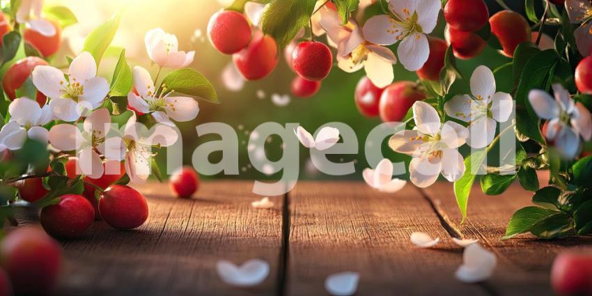 Springtime Bounty: Freshly Picked Apples and Delicate Blossoms Grace a Rustic Wooden Table, Basking in Warm Sunlight
