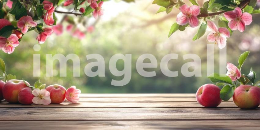 Springtime Bounty: Freshly Picked Apples and Delicate Blossoms Grace a Rustic Wooden Table, Basking in Warm Sunlight
