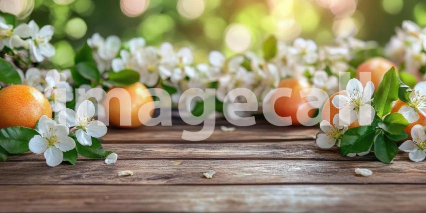 Springtime Bounty: Freshly Picked Apples and Delicate Blossoms Grace a Rustic Wooden Table, Basking in Warm Sunlight