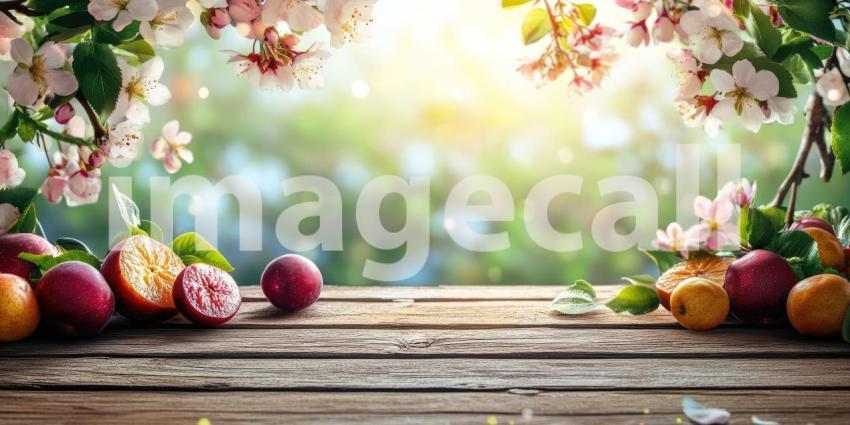 Springtime Bounty: Freshly Picked Apples and Delicate Blossoms Grace a Rustic Wooden Table, Basking in Warm Sunlight