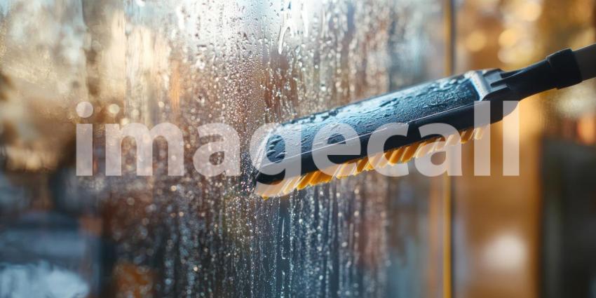 Window Cleaning in Progress: A Squeegee Against a Fogged-Up Pane, Revealing a Blurred Cityscape Beyond