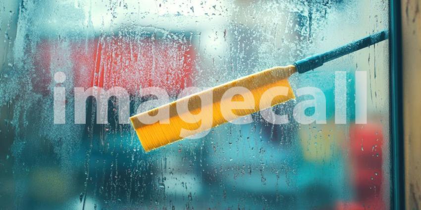 Window Cleaning in Progress: A Squeegee Against a Fogged-Up Pane, Revealing a Blurred Cityscape Beyond