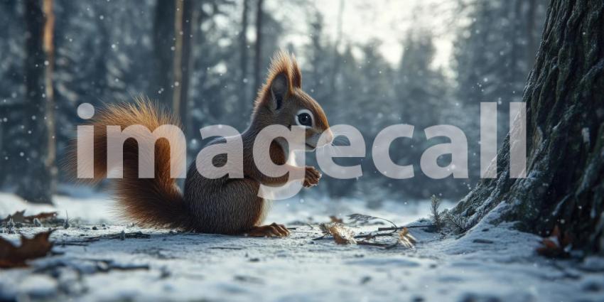 Winter Wonder: A Curious Red Squirrel Forages for Nuts in a Snowy Forest, with Sunlight Filtering Through the Trees