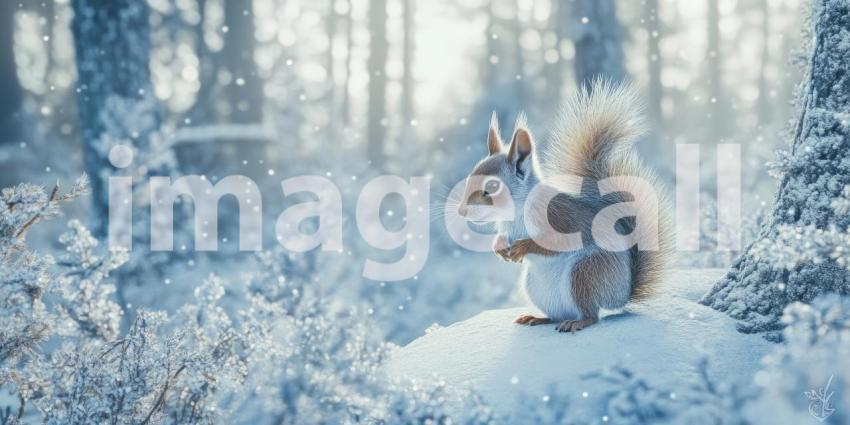 Winter Wonder: A Curious Red Squirrel Forages for Nuts in a Snowy Forest, with Sunlight Filtering Through the Trees