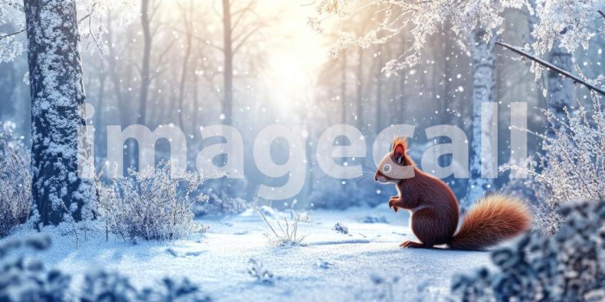 Winter Wonder: A Curious Red Squirrel Forages for Nuts in a Snowy Forest, with Sunlight Filtering Through the Trees