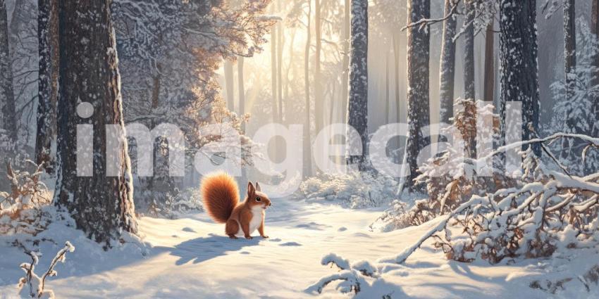 Winter Wonder: A Curious Red Squirrel Forages for Nuts in a Snowy Forest, with Sunlight Filtering Through the Trees